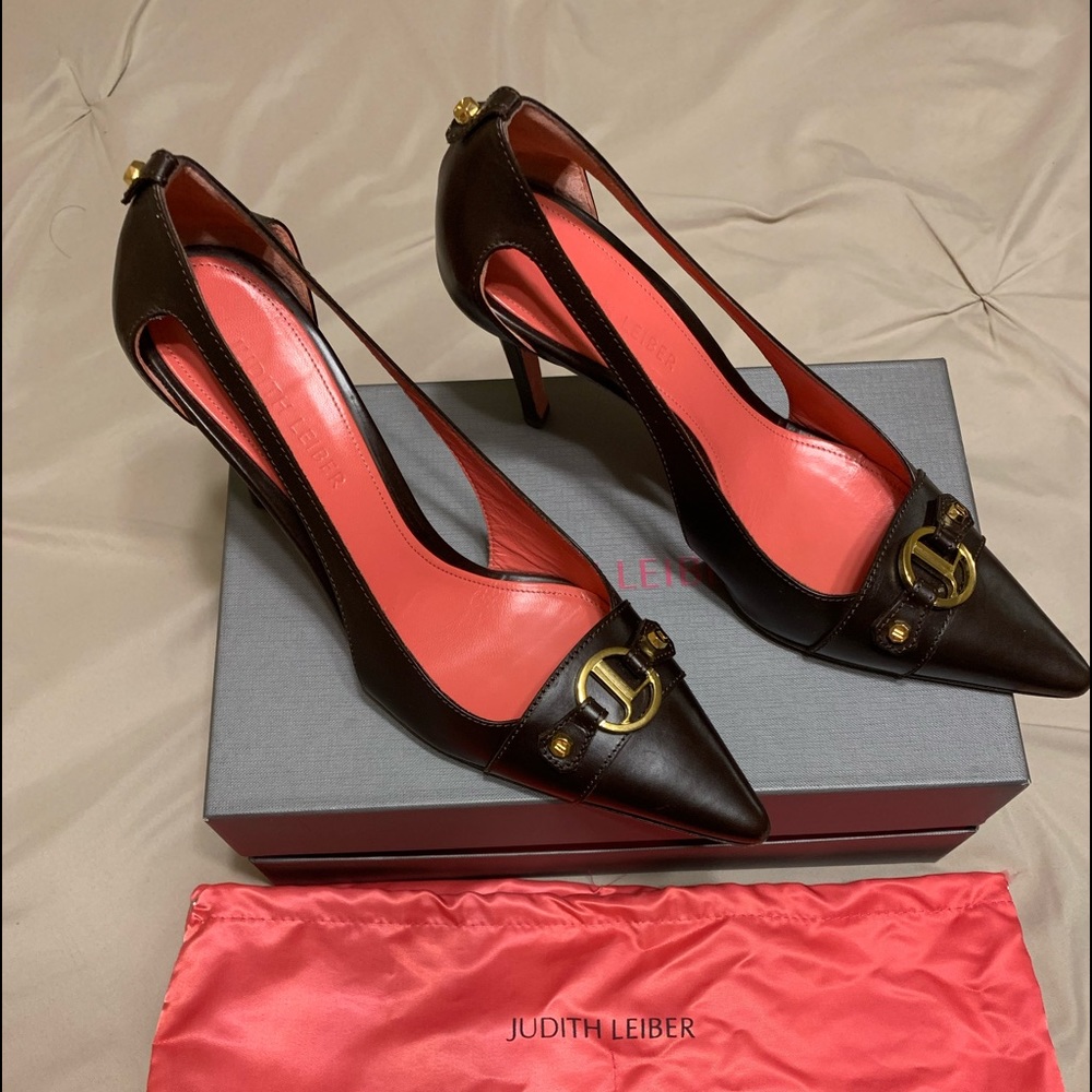 Judith Leiber woman’s, brown leather, size 9.5 heels.